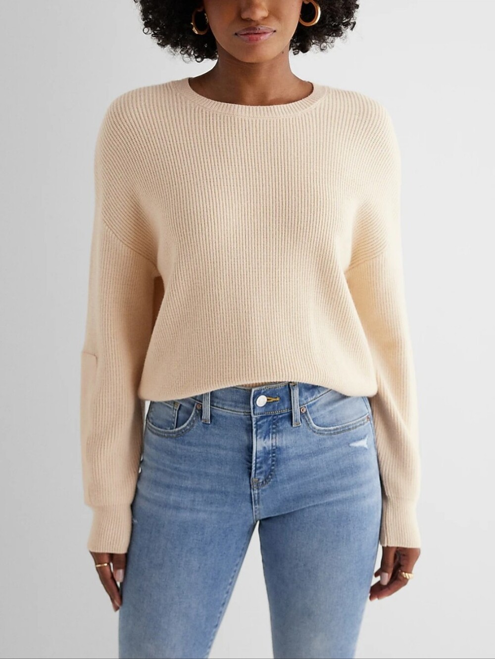 Express Cream Ribbed Crewneck Sweater Size XL